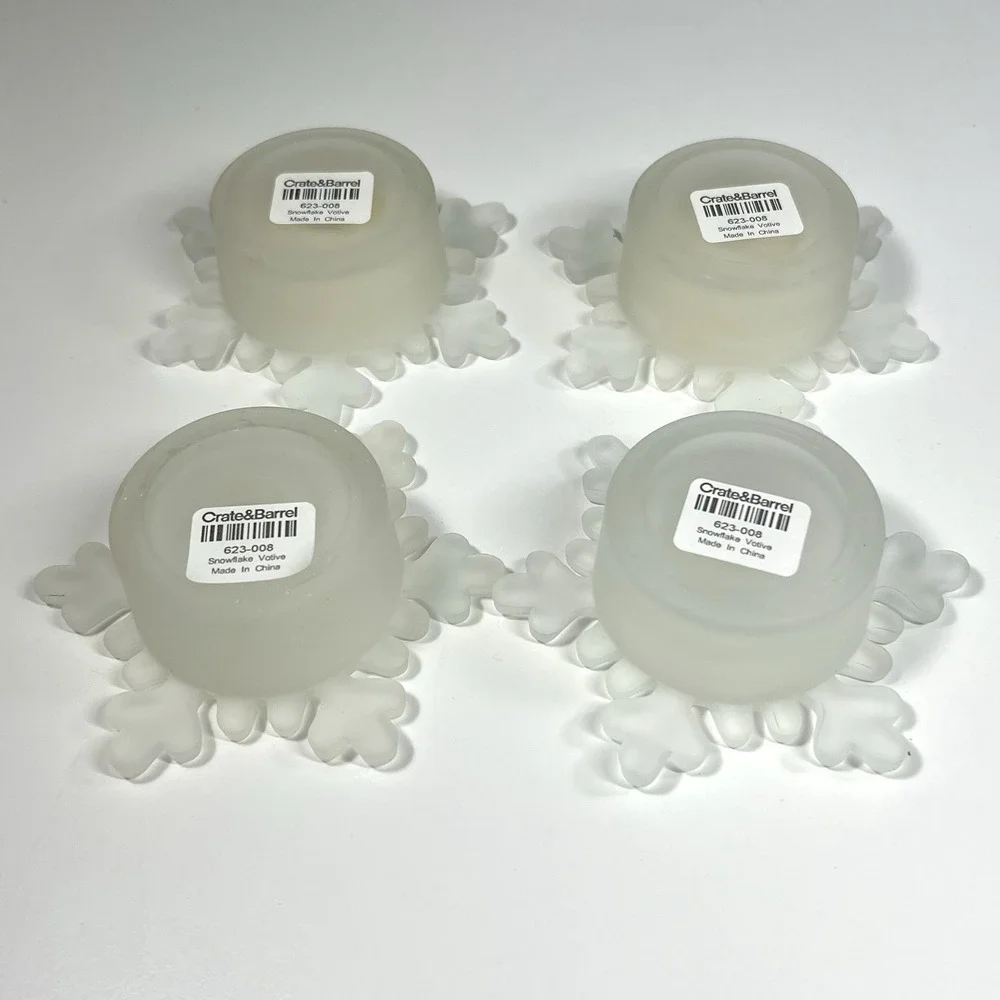 Crate‎ & Barrel Snowflake Frosted Glass Votive Candle Holders Xmas Set of 4 NOB